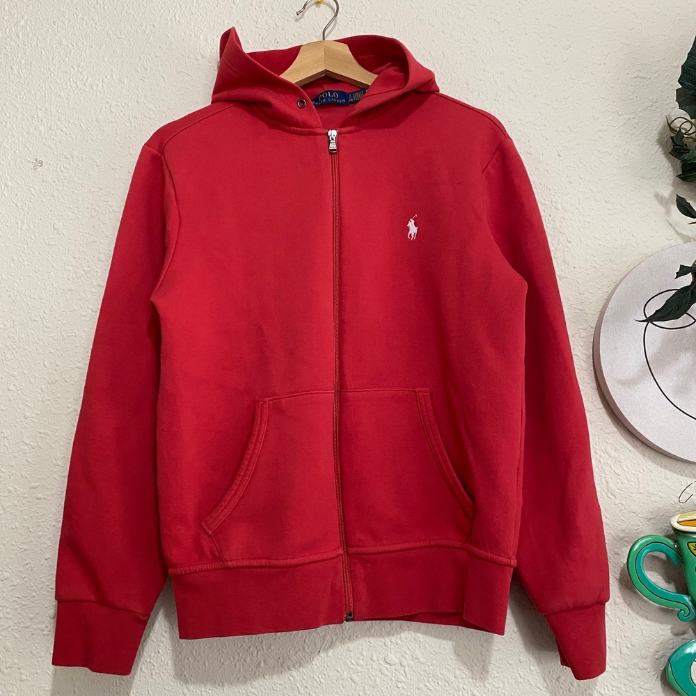 Polo Ralph Lauren Mens Red Full Zip Hoodie Sweatshirt White Pony double knit